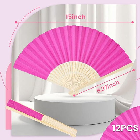 JOHOUSE 12 Pcs Paper Folding Hand Fans, 8.3 Inch Dark Pink Paper Fans Handheld Portable for Wedding, Outdoor Party Favors, Bridal Shower DIY Crafts Photography Prop Pink Party Decorations