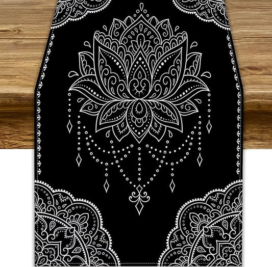 Lotus Flower Table Runner, Bohemian Ethnic Oriental Mandala Black White Floral Print Table Runner for Home Kitchen Dining Indoor Outdoor Dinner Party Decor, 13x36inch