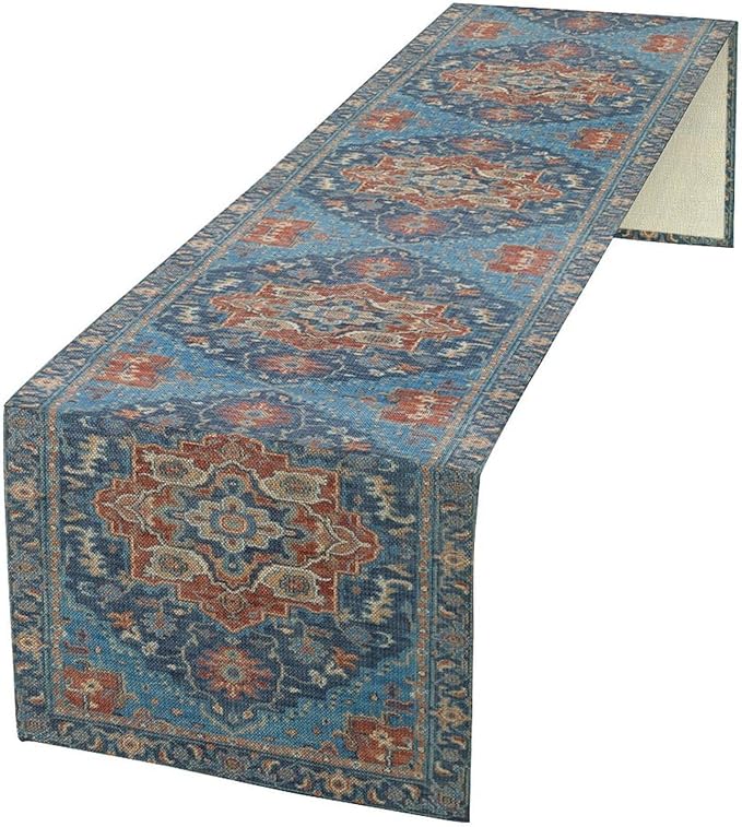 Boho Floral Vintage Table Runner, Retro Abstract Blue Flower Rustic Country Farmhouse Pattern for Home Kitchen Table Decor Dining Coffee Room Party Decor 13x90in