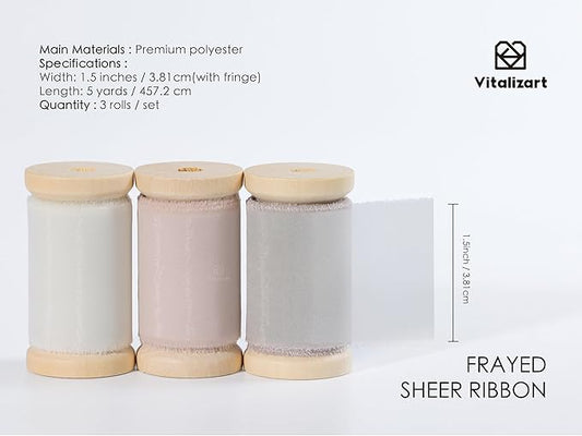 Vitalizart Organza Ribbon Frayed Sheer Organza White Pink Grey Set 1.5" Silk Like Ribbons for Valentines Day Gift Wrapping Craft Flower Bouquet Wedding Invitations Mesh Fabric 15 Yards