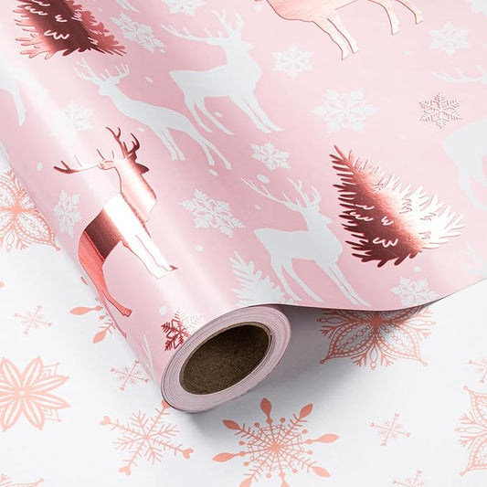 LeZakaa Christmas Pink Wrapping Paper Mini Roll, Reindeer & Snowflake, Metallic Foil, Rose Gold Foil Reversible Design for Festive Winter Holiday, Family Gathering, 17 inches x 32.8 Feet