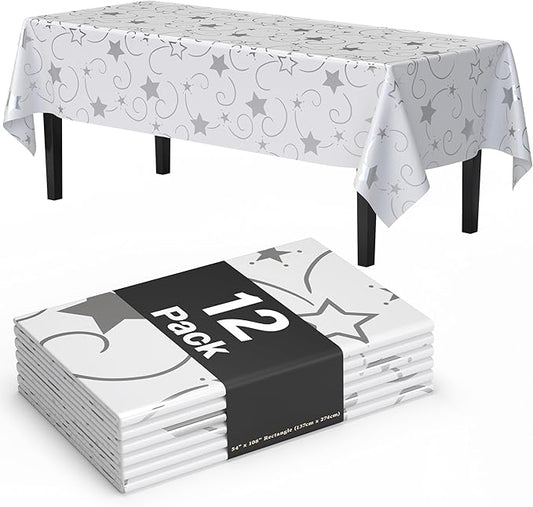 Exquisite Silver Star Tablecloth Plastic 12-Pack Disposable Rectangle Tablecloths 54" x 108" Silver Star Table Cloths Rectangle Table Covers Plastic Tablecloth for Party Decorations