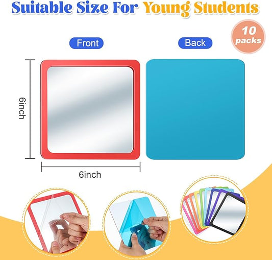 Dandat 10 Pcs Small Mirrors for Kids 6 x 6 Inch Square Shatter Proof Reflector Toddler Glass Plastic Reflector for Classroom DIY Craft Preschool Facial Expression (Rainbow Colors)