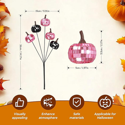 20Pcs Disco Halloween Decor, Disco Pumpkin Table Decoration, 14 Inch Artificial Glitter Mirror Pumpkin Sticks Ornament Halloween Branches for Table Centerpiece Party Decor