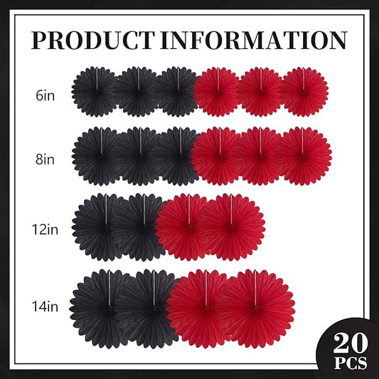 20 Pcs Black Red Hanging Paper Fan, Hanging Honeycomb Round Paper Fans for Weddings, Birthdays, Christmas, Baby Showers, Classroom, Events Ceiling Party Supplies Decorations