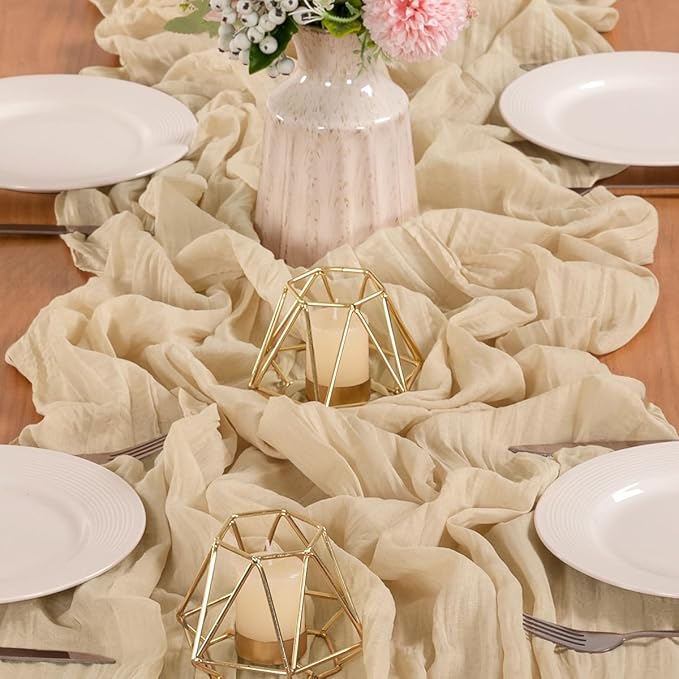 MLMW 6 Pack Champagne Gold Table Runner Cheesecloth Boho Gauze Rustic Cheese Cloth 160 inch Sheer Wedding Table Runner 13.3ft for Thanksgiving Party Baby Bridal Shower Birthday