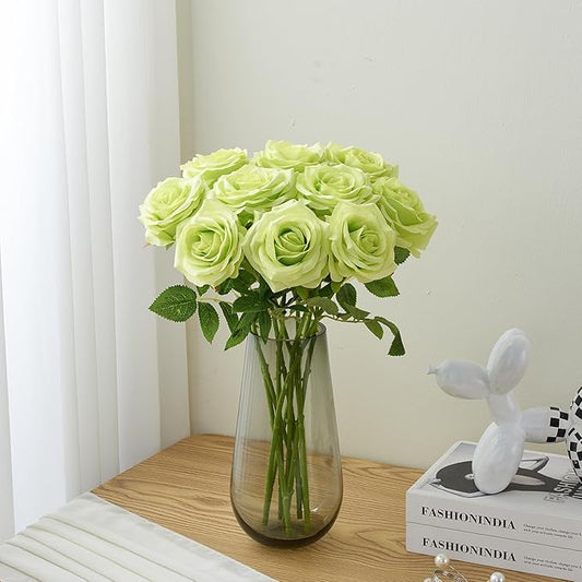 Artificial Rose 10pcs Open Flower Bouquet Faux Rose Stems for Wedding Arrangement, Bridal Bouquet, Centerpiece, Fake Faux Silk Flowers (Green)
