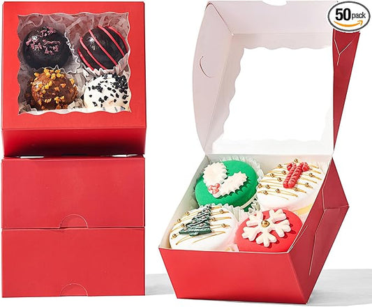 50-Count 4x4x2 Food-Safe Classic Red Bakery Boxes - Multi-Use Pastry & Treat Packaging for Cookies, Truffles & Wedding Favors (Stackable Gift Boxes for Cakes, Pies & Cinnamon Rolls)
