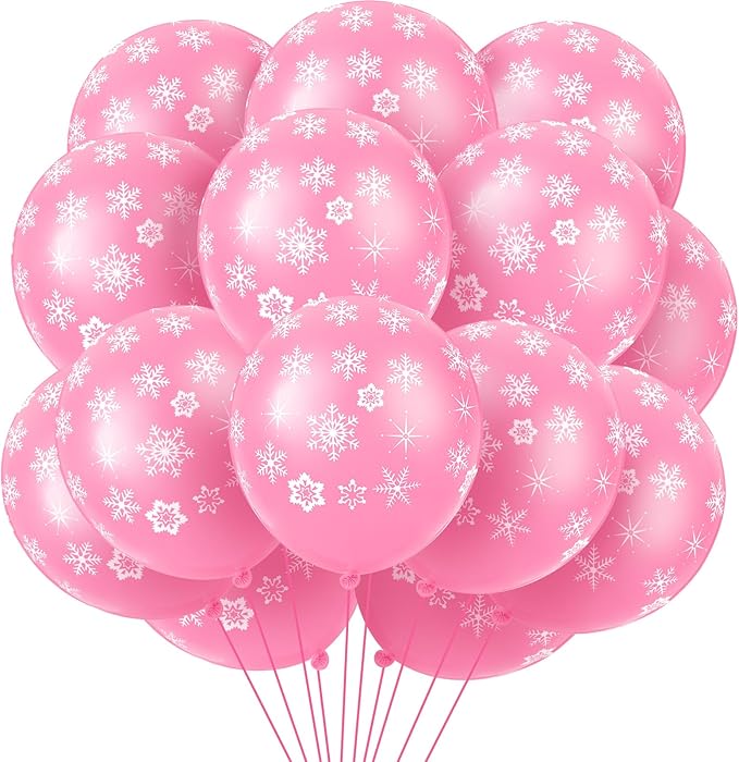 Skylety 40 Pieces Snowflake Balloons Bulk Winter Transparent Snowflake Latex Balloons for Christmas Birthday Wedding Party Decorations(Pink)