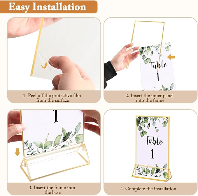 Floroom 12 Pack 5x7 Inch Clear Acrylic Sign Holders, Double-Sided Gold Display Stand Picture Frames for Table Numbers, Menus, Flyers, Weddings, and Offices