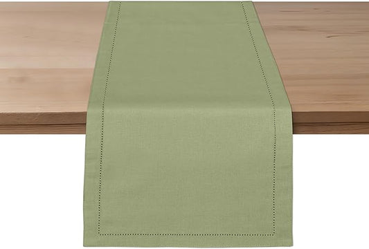Ruvanti Linen Table Runner 90 Inches, Classic Hemstitch, Washable, Reusable, Non-Slipping, Stain Resistant- Perfect for Parties, Weddings, Dinners, Thanksgiving, Christmas, Indoor use – Olive