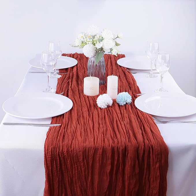 4 Pack Terracotta Cheesecloth Table Runner 35x120 Inch Boho Gauze Fabric Cheese Cloth Table Runner 10Ft Rustic Romantic Sheer Table Runners for Wedding Party Bridal Baby Shower Long Table Decoration