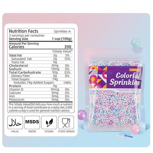 Pastel Sprinkles for Cake Decorating, 7oz Pink Purple Blue White Pearl Confetti Jimmies Mix - Sprinkles for Cupcakes, Ice Cream, Cookies, Baking Toppings - Wedding, Birthday, Christmas Party Supplies