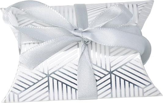 Aokbean 100 Pack Mini Pillow Candy Box Small Gift Boxes with 50 Yards Ribbon for Christmas Wedding Party Favor Gift, Jewelry or Soap Packaging (Silver Stripes)