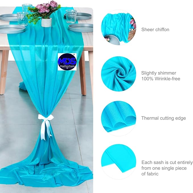 MDS 20 Pack 10ft Chiffon Table Runner 29 x 120 Inches Sheer Wedding Runner Romantic Rustic Table Runner for Wedding Decorations, Birthday Parties, Bridal Shower Party Arch Decor -Turquoise