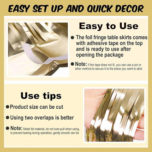 3 Pack 29 x108 Inch Light Gold Foil Fringe Table Skirts Metallic Banner for Tinsel Streamer Garland Backdrop for Parade Floats Mother's Day, Graduate, Birthday, Wedding Party Decoration