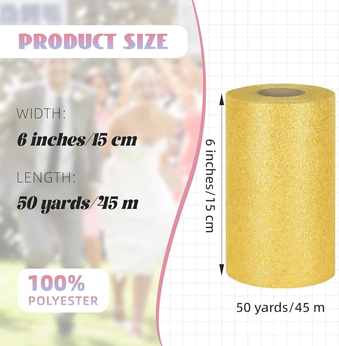 Glitter Tulle Rolls 6” by 50 Yards Sparkle Tulle Fabric Ribbon Sequin Tulle Netting Rolls for DIY Tutu Skirt Wedding Birthday Party Decoration (Yellow)