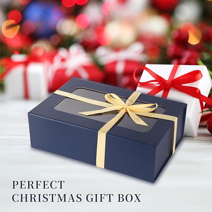 TIACABO Blue Large Gift Box with Window, 13.5"x9"x4.3" Bridesmaid Boxe for Gifts Giving,Birthday Gift Boxes with Magnetic,Closure Lid Gifts Box for Presents,Cute Boxe,Luxury for Gift Packaging