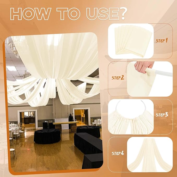 6 Panels Ivory Ceiling Drapes for Wedding 5ftx10ft Wedding Arch Draping Fabric Cheesecloth Sheer Curtain Romantic Decorations for Party Banquet Ceremony Stage