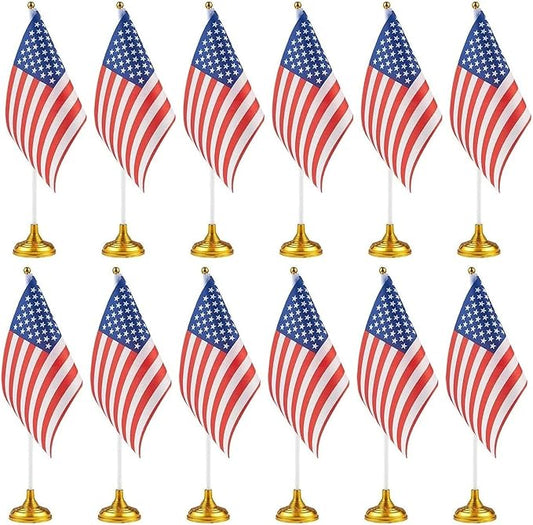 Juvale Mini American Flag Decor Set - 12-Pack 8 x 5.5in Flags on 12in Poles with Gold Base - Patriotic Table Decorations & Party Supplies for Desk & Office