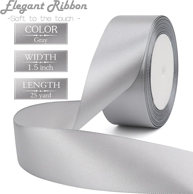 Gray Solid Satin Ribbon 1-1/2 Inch 25 Yards Solid Polyester Fabric Ribbon for Gift Wrapping Wedding Christmas Baby Shower Birthday Party Decoration Handmade Immortal Flower Craft