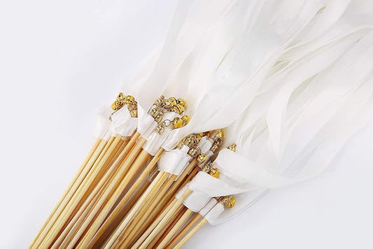 50pcs Ribbon Stick Wands Off White Streamers with Gold Bells for Wedding Party Favors for Guests