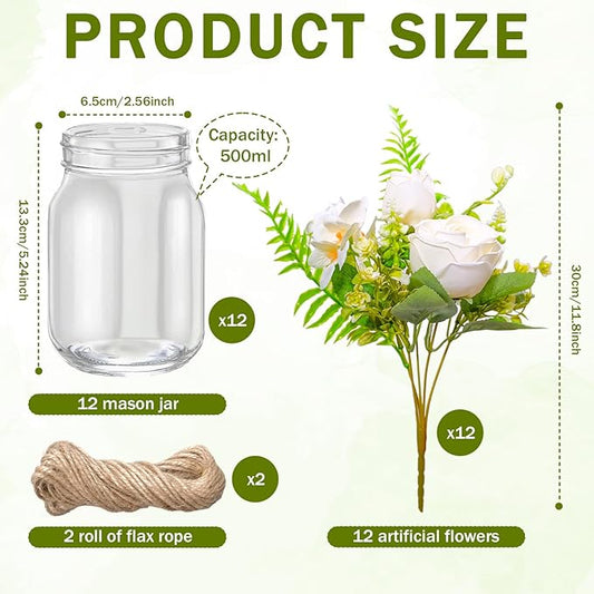 12 Pcs Mason Jar Table Centerpiece Floral Table Centerpiece Vases with Flower for Wedding Reception Party Decor