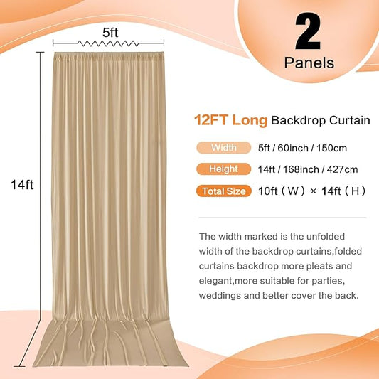 10×12 ft Wrinkle Free Beige Backdrop Curtain for Weddings Parties, 2 Panels 5×12ft Long Silky Polyester Photo Backdrop Drapes for Birthday Baby Shower Photography Background Cloth