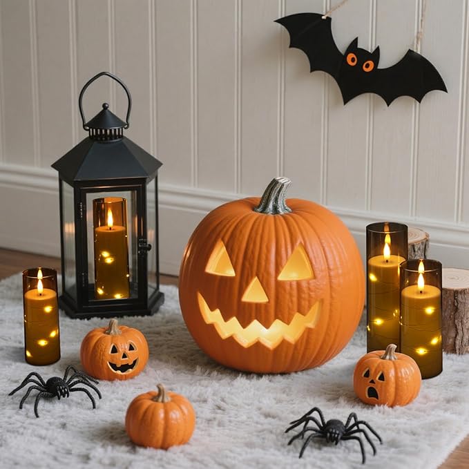 Raycare Flameless Candle with Remote Timer, 7 Flickering Acrylic Battery Operated LED Pillar Candles with Embedded Star String for Halloween, Home Decor, and as a Gift(Grey)