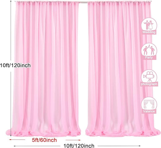 PARTISKY 10x10ft Pink Chiffon Sheer Backdrop Curtains, Wrinkle-Free Wedding Backdrop Drapes for Birthday Party Ceremony Arch Stage Decor Background for Photography 5x10ft,2 Panels