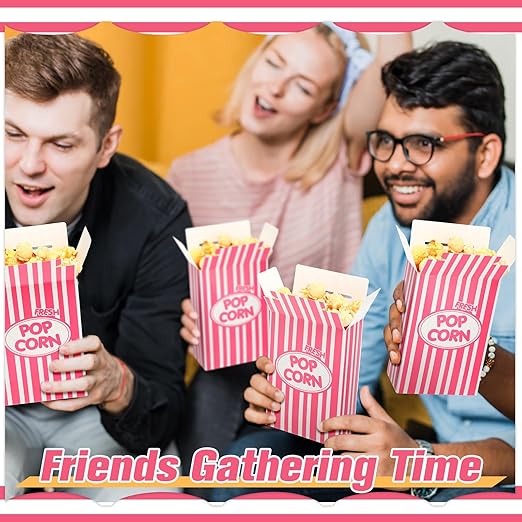 Xinnun 200 Pcs Paper Popcorn Boxes 1 oz Close Top Oil Proof Disposable Popcorn Container 6 x 4 x 2 Inch Stripes Leak Proof Popcorn Boxes for Party Movie Party Theater Night Birthday (Pink)