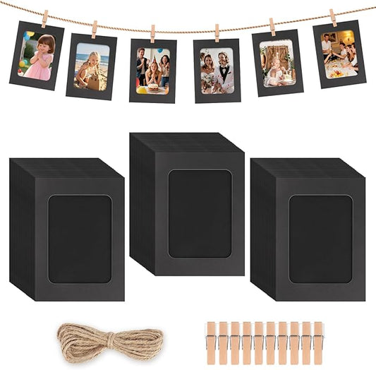 100 Pack Paper Picture Frames, 4x6 Inch Photo Strip Frame Hanging Photo Display Banner, Black Photo Holder with Wooden Clips and String for Wall Decor and Party Supplies