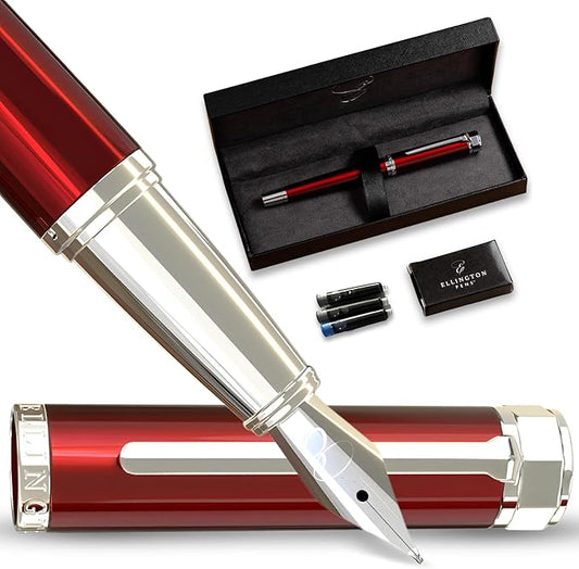 Ellington Pens Luxury Fountain Pen Set- Fountain Pens for Writing - Smooth Fine Nib - Includes Refillable Ink Converter, 3 Ink Cartridges [Black & Blue], Gift Box - Elegant Calligraphy