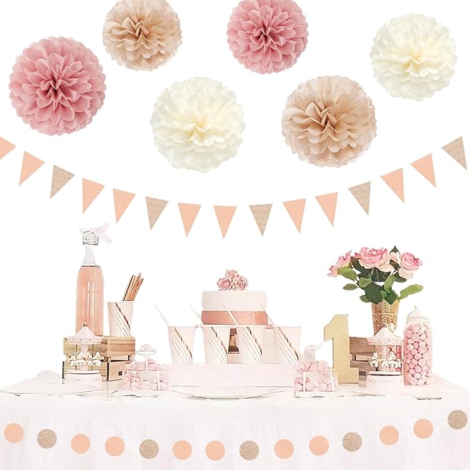 Pink Champagne-Peach Rose-Gold Boho Party Decorations - 23pcs Women Girls Birthday Tissue Pom Poms Streamers,Baby Bridal Shower Tassel Garland Banner,Rustic Wedding Graduation Decor Backdrop Ouruola