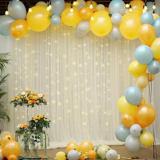 30×10ft Cream White Tulle Backdrop Curtain with Lights String for Parites, Sheer Photo Backdrop Curtains for Wedding Party Photography Background