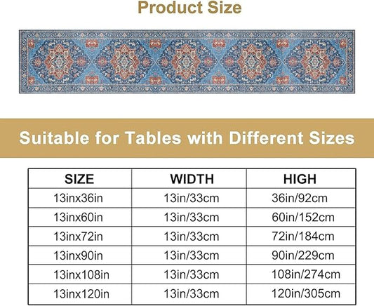 Boho Floral Vintage Table Runner, Retro Abstract Blue Flower Rustic Country Farmhouse Pattern for Home Kitchen Table Decor Dining Coffee Room Party Decor 13x90in