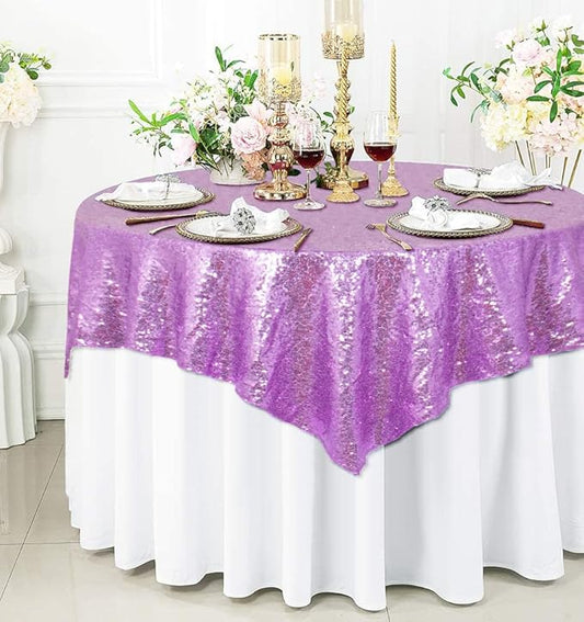 ShinyBeauty 72x72 Inch Square Sequin Tablecloth Overlay - Lavender Shimmer Wedding Table Cover for Cocktail Party, Light Purple Sparkling Cake Table Decoration