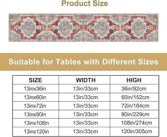 Boho Floral Vintage Table Runner, Retro Blue Red Flower Rustic Country Farmhouse Abstract Pattern for Home Kitchen Table Decor Dining Coffee Room Party Decor 13x90in