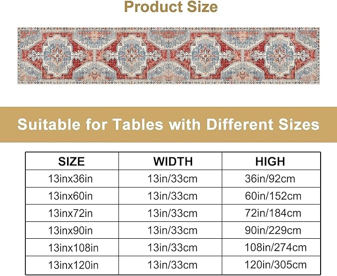 Boho Floral Vintage Table Runner, Retro Blue Red Flower Rustic Country Farmhouse Abstract Pattern for Home Kitchen Table Decor Dining Coffee Room Party Decor 13x60in