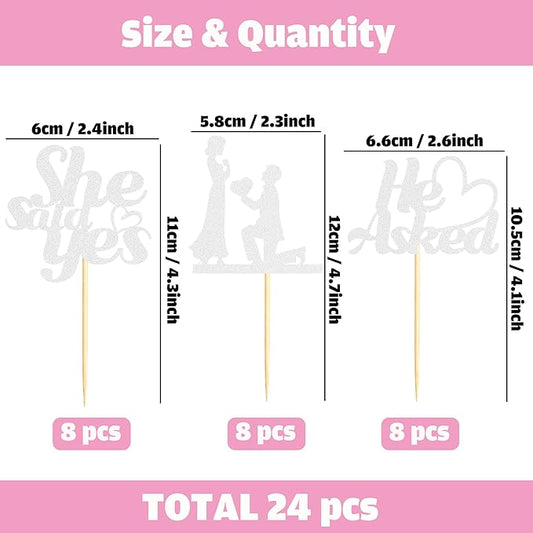 Sotpot 24PCS He Asked She Said Yes Cupcake Toppers With Heart Silver Glitter for Wedding Bridal Shower Wedding Engagement Party Cake Decorations