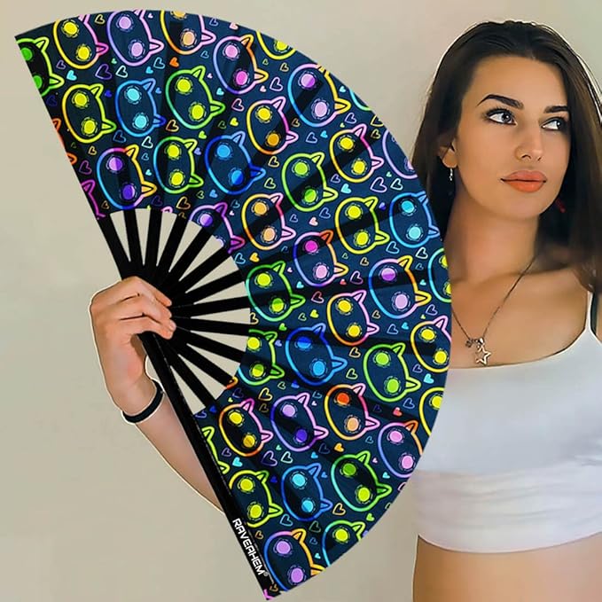 UV Glow Rave Fan, Bamboo Folding Clack Hand Fan for Men Women (Cute Cat, Large 13")