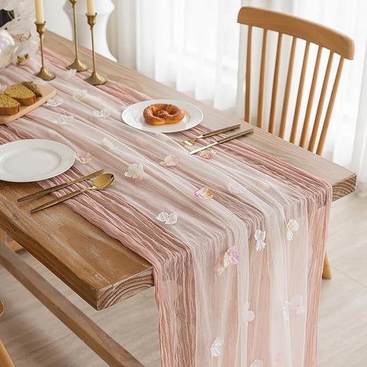 Romantic Artificial Floral Table Runner 10ft Gauze Tulle Lace Table Runner Set for Wedding Baby Shower Bridal Shower Holiday Kitchen Dining Table Decoration for Home Party Special Occasion
