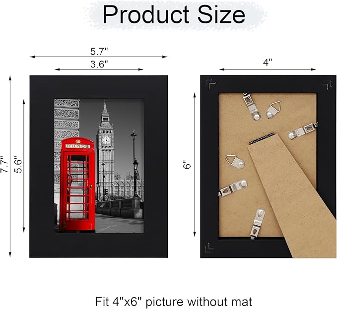 4x6 Picture Frame Set of 4, High Definition Glass Black Picture Frame, 4 x 6 Wood Photo Frames for Horizontal or Vertical Display Tabletop and Wall Mounting