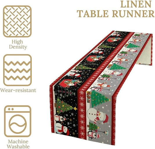 Christmas Table Runner,Cartoon Snowman Tree Xmas Deer Elk Santa Claus Print Tablecloth Burlap for Hotel Indoors Outdoor Dining Room Kitchen Home Decor,W13X L90 in