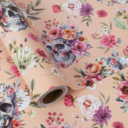 Aimyoo Gothic Wrapping Paper Roll, 17 Inch X 33 Fee Skull Floral Berry Design Gift Wrap Paper for Mother's Day, Birthday Bridal Shower