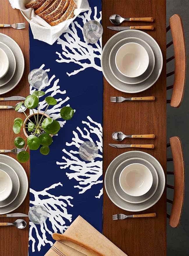 Coastal Coral Cotton Linen Table Runner for Dining Kitchen, Wedding Outdoor Party Tablerunners Decoration, Navy Blue Nautical Ocean Beach Dresser Scarf Coffee Tablecloth Runners 13x60 Inches