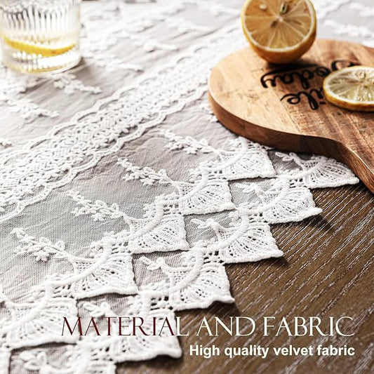 patdrea Designer Vintage White Lace Table Runner,Crochet Decorative Table Covers,Chiffon Embroidered Tasseled Table Runners, Cutwork Dresser Runners,Christmas Wedding Party Bridal 16x63 Inches Long