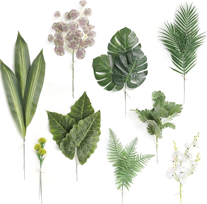 Serra Flora Artificial Greenery Spray Box Set(Pack of 30pcs) with 9 Kinds of Filler for Safari Jungle Hawaiian Luau Party Table Decoration Wedding Birthday Theme Party Decorations (Palm Leaves)
