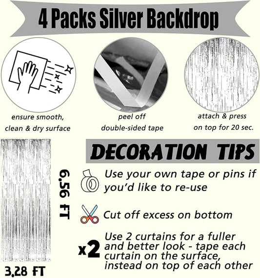 4 Pack Silver Fringe Curtain Backdrop, 3.2Ft x 6.6Ft Metallic Tinsel Foil Fringe Streamers Background for Photo Booth Birthday Wedding Baby Shower Carnival Easter Mother’s Day Party Decorations