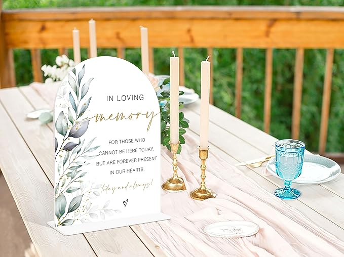 Acrylic Wedding Signs, Greenery Theme In Loving Memory, Memorial Table Sign for Wedding, Bridal Shower Table Decor with Stand, Engagement, Anniversary, Newlywed Events and Parties Supplies, 23